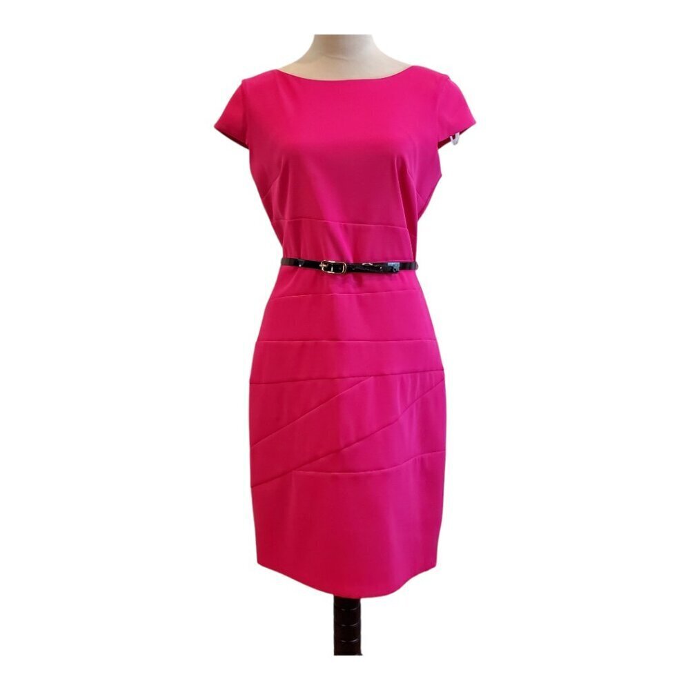 AGB Midi Sheath Dress Bright Hot Pink Cap Sleeve Seamed Design Belted